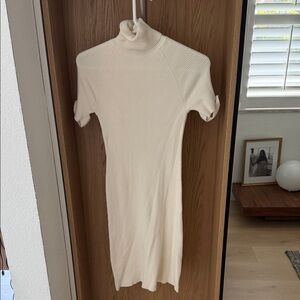 Cream Ribbed Turtleneck Midi Dress